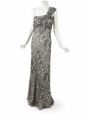 ABS Allen Schwartz Silk Leopard One Shoulder Gown Dress Size 6 Formal Evening